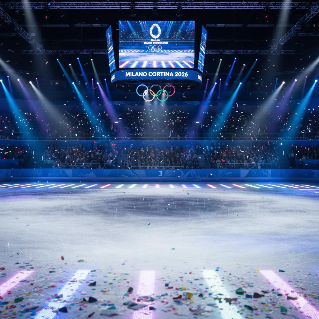 Empty rink at Milano Ice Skating Arena after competition - beautiful scene of lights reflecting on ice