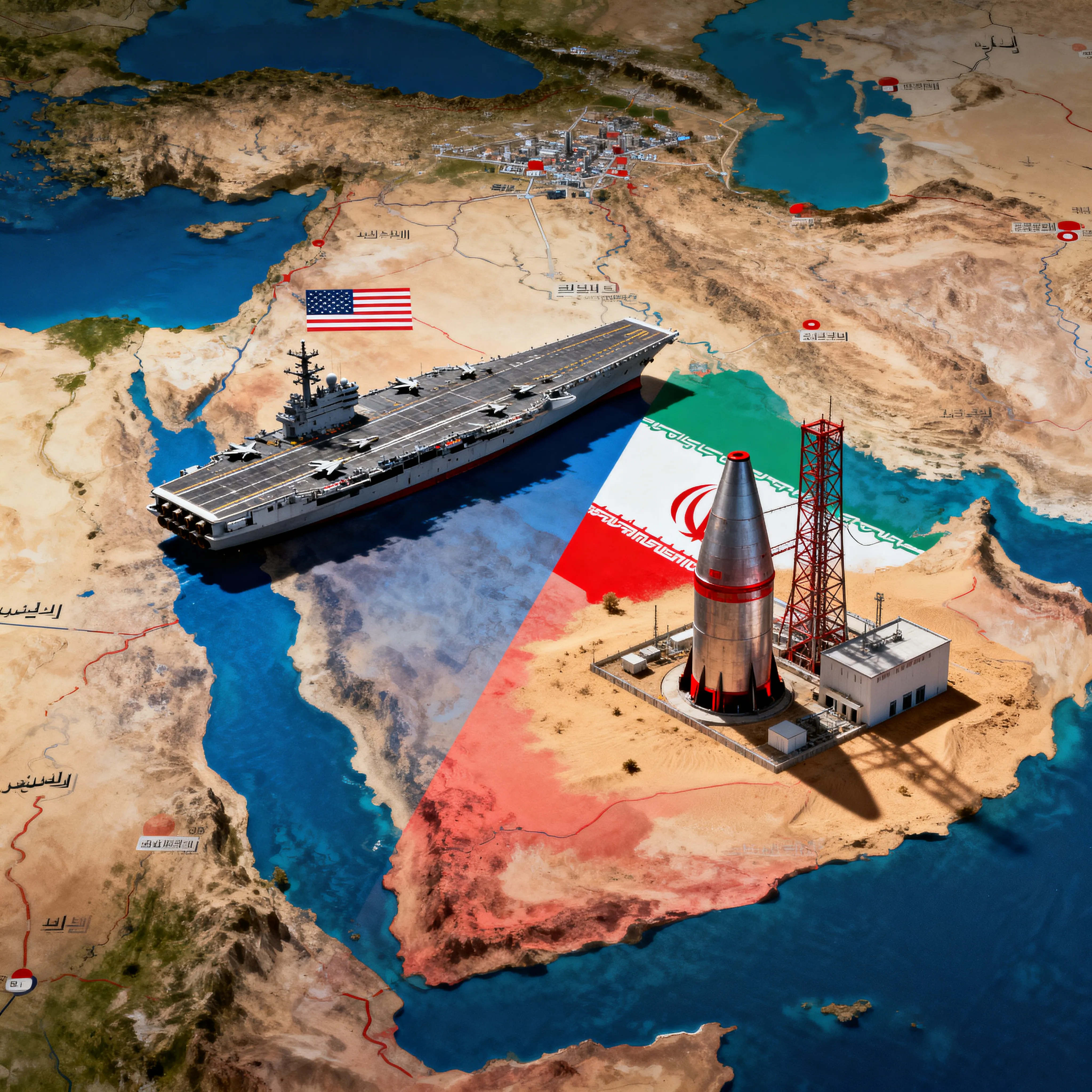 Symbolic image of US-Iran military confrontation - nuclear facilities, aircraft carrier, and Middle East map