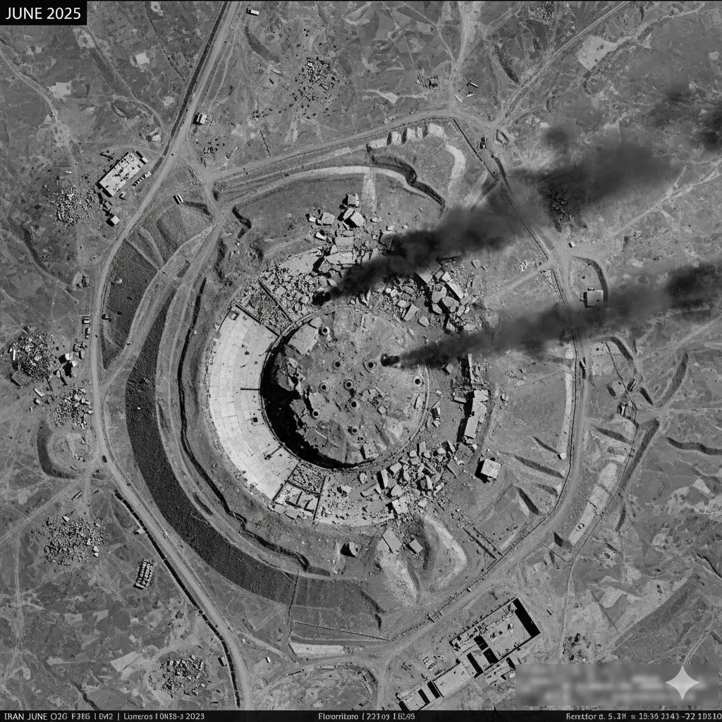 Satellite imagery of Fordow nuclear facility damage after June 2025 US strikes