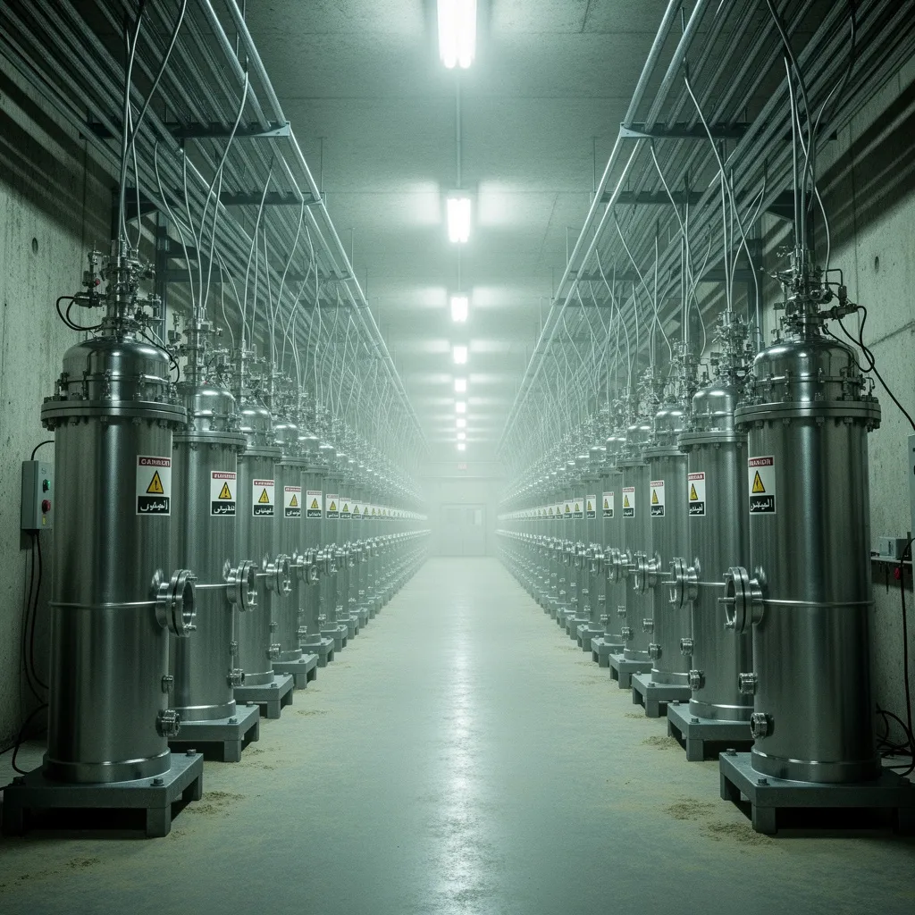 Interior of Iran's uranium enrichment facility at Natanz - centrifuges lined up in rows