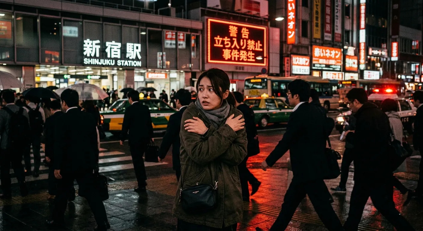 A woman in Shinjuku, Tokyo, clutching her shoulder with an anxious expression while looking around warily, with dark lighting and red warning colors expressing social fear