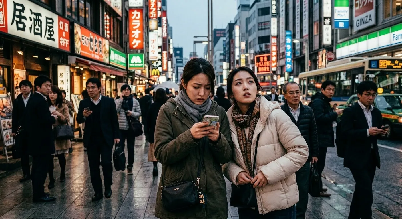 Two Korean female tourists in Tokyo, Japan, looking at their smartphones for directions while standing cautiously, surveying their surroundings