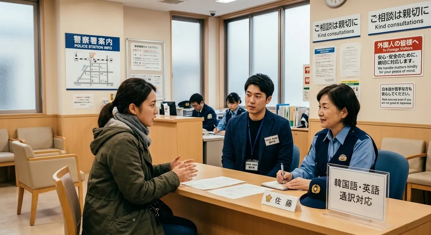 Interior of a Japanese police station, Korean woman filing a report with an interpreter, guidance signs and friendly atmosphere