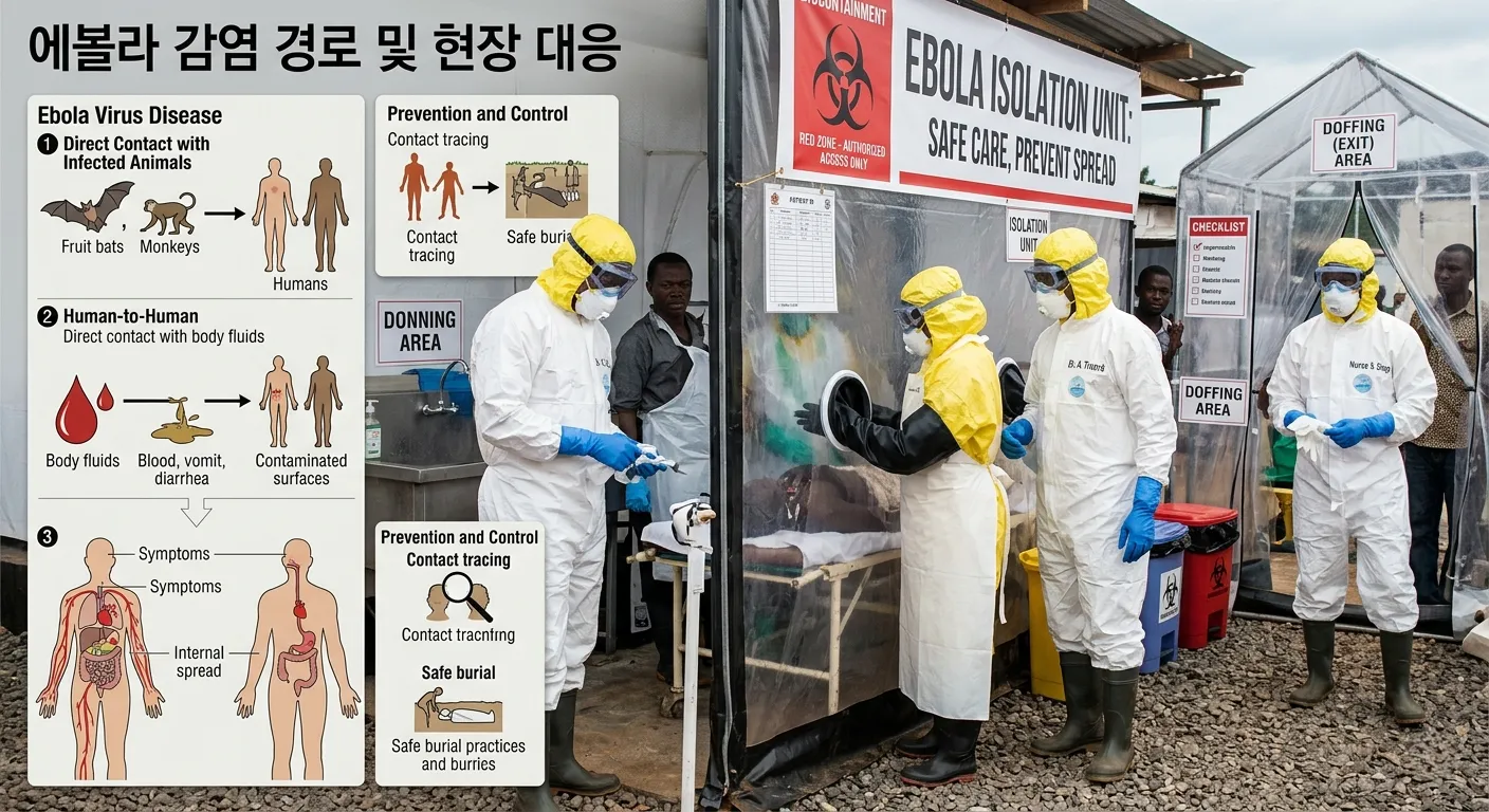 에볼라 바이러스 전파 경로 인포그래픽 — 감염된 동물·사람의 체액 접촉으로 전파되는 과정
