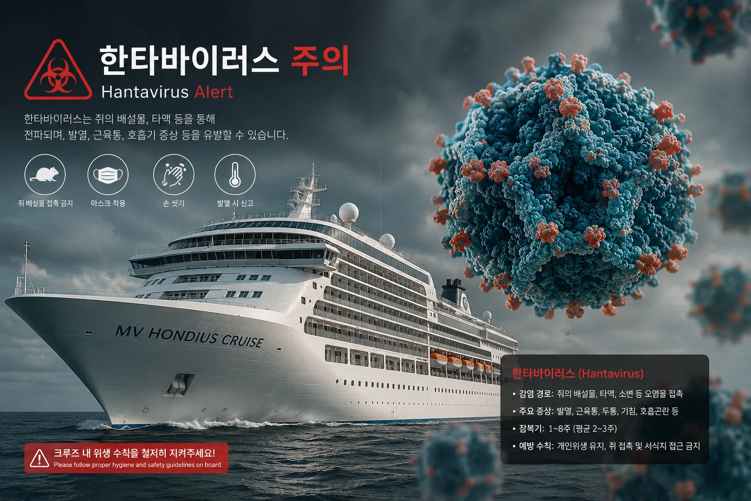 2026년 MV 혼디우스 크루즈선 한타바이러스 집단감염 사태를 나타내는 그래픽: 붉은 경고 표시와 바이러스 입자 3D 이미지