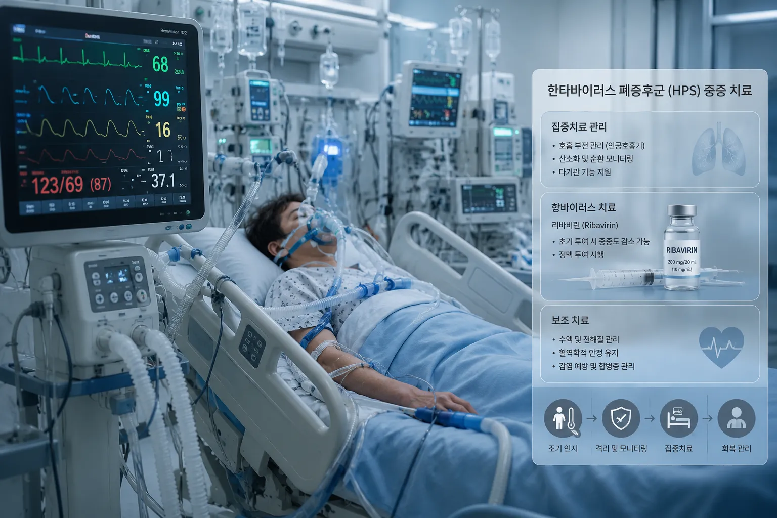 한타바이러스 중증 환자 치료를 위한 ICU 집중치료실 의료 환경 — 인공호흡기와 산소 치료가 핵심