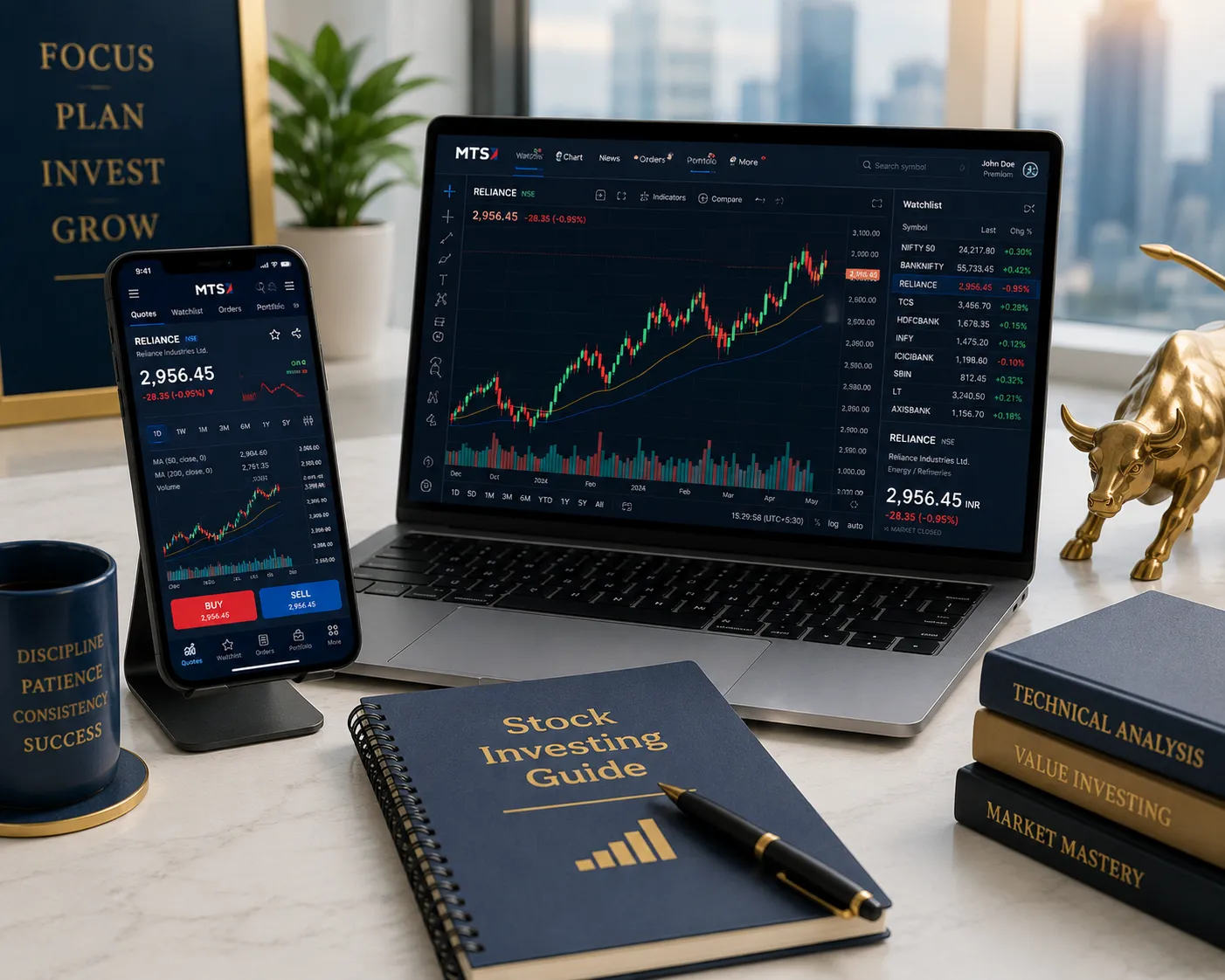 Stock market investing desk with smartphone app showing candlestick charts — beginner stock market guide 2026