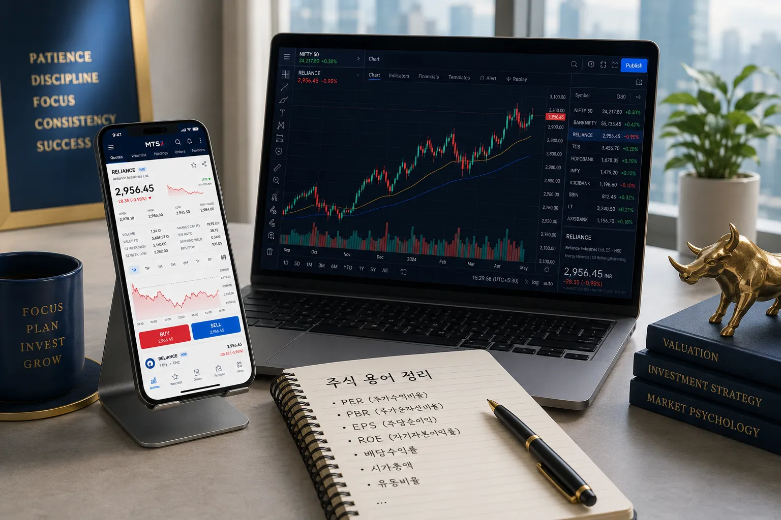 스마트폰 주식 앱과 노트북 캔들 차트가 보이는 투자 데스크 — 주린이를 위한 주식 용어 완전 정복 가이드 2026
