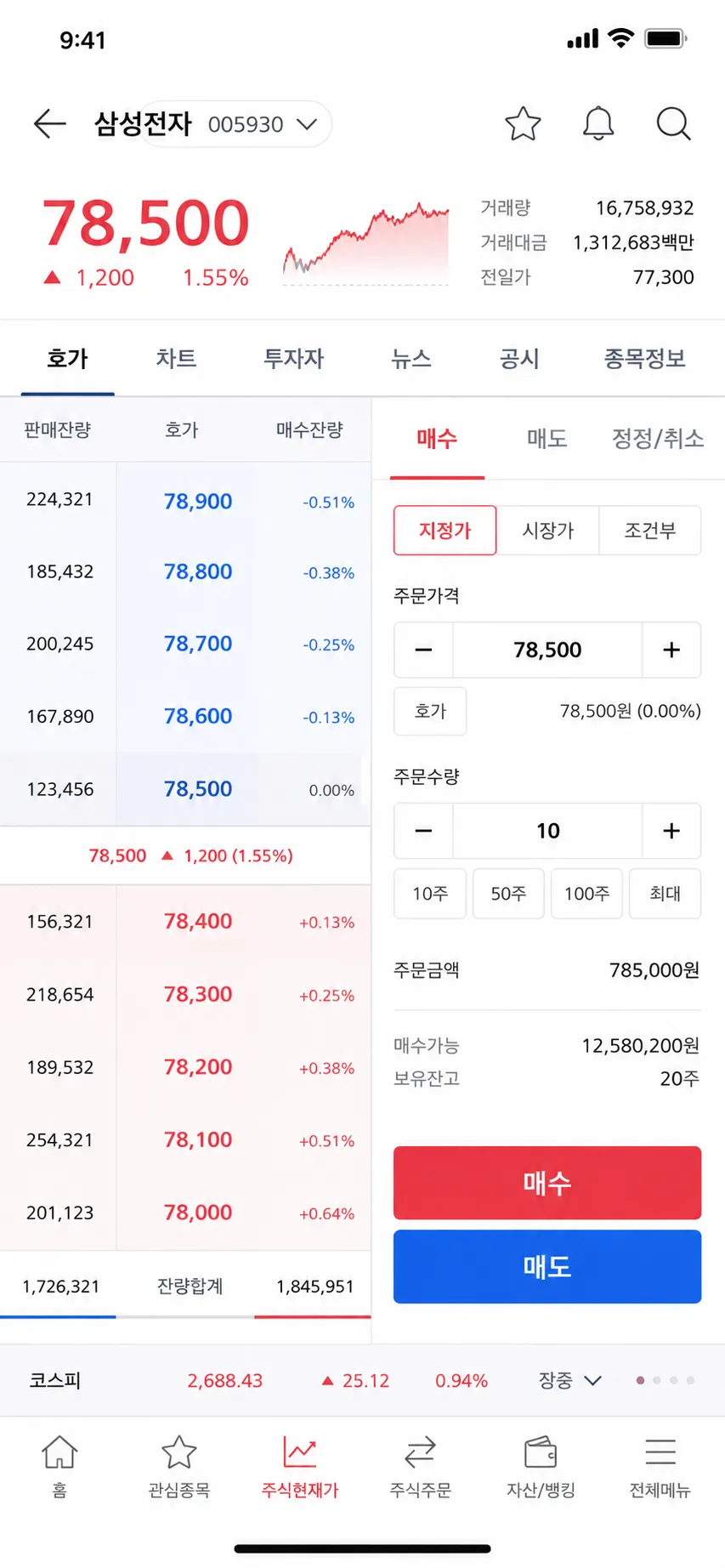 스마트폰 MTS 주식 거래 앱 화면 — 매수·매도 버튼과 호가창 실시간 시세 화면