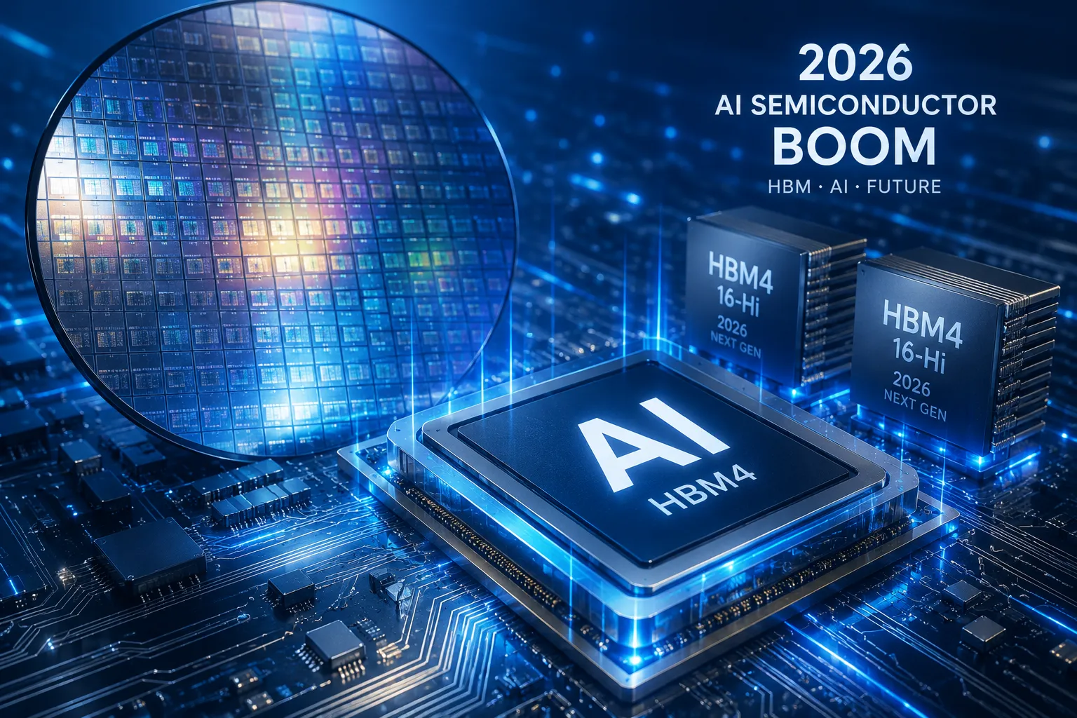 AI 반도체 HBM 칩 웨이퍼 이미지 — 2026년 AI 슈퍼사이클 삼성전자 SK하이닉스 투자 트렌드