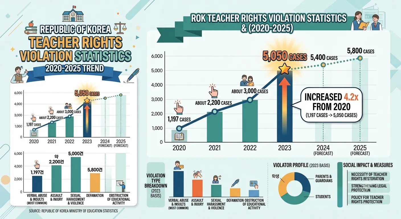 Infographic showing South Korea's teacher rights violation cases rising from 1,197 in 2020 to 5,050 in 2023, a 4.2x increase, with data from Korea's Ministry of Education