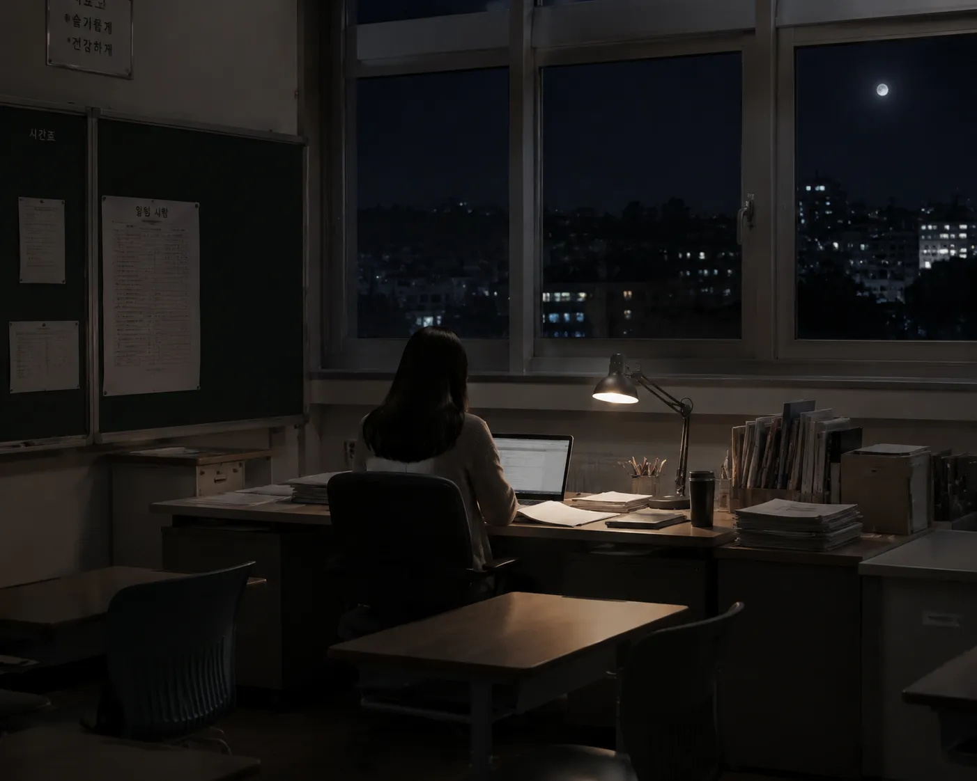 야근하는 교사의 뒷모습, 빈 교실에서 서류를 정리하는 모습. 교권 침해로 인한 교사의 심리적 고립감을 표현한 이미지