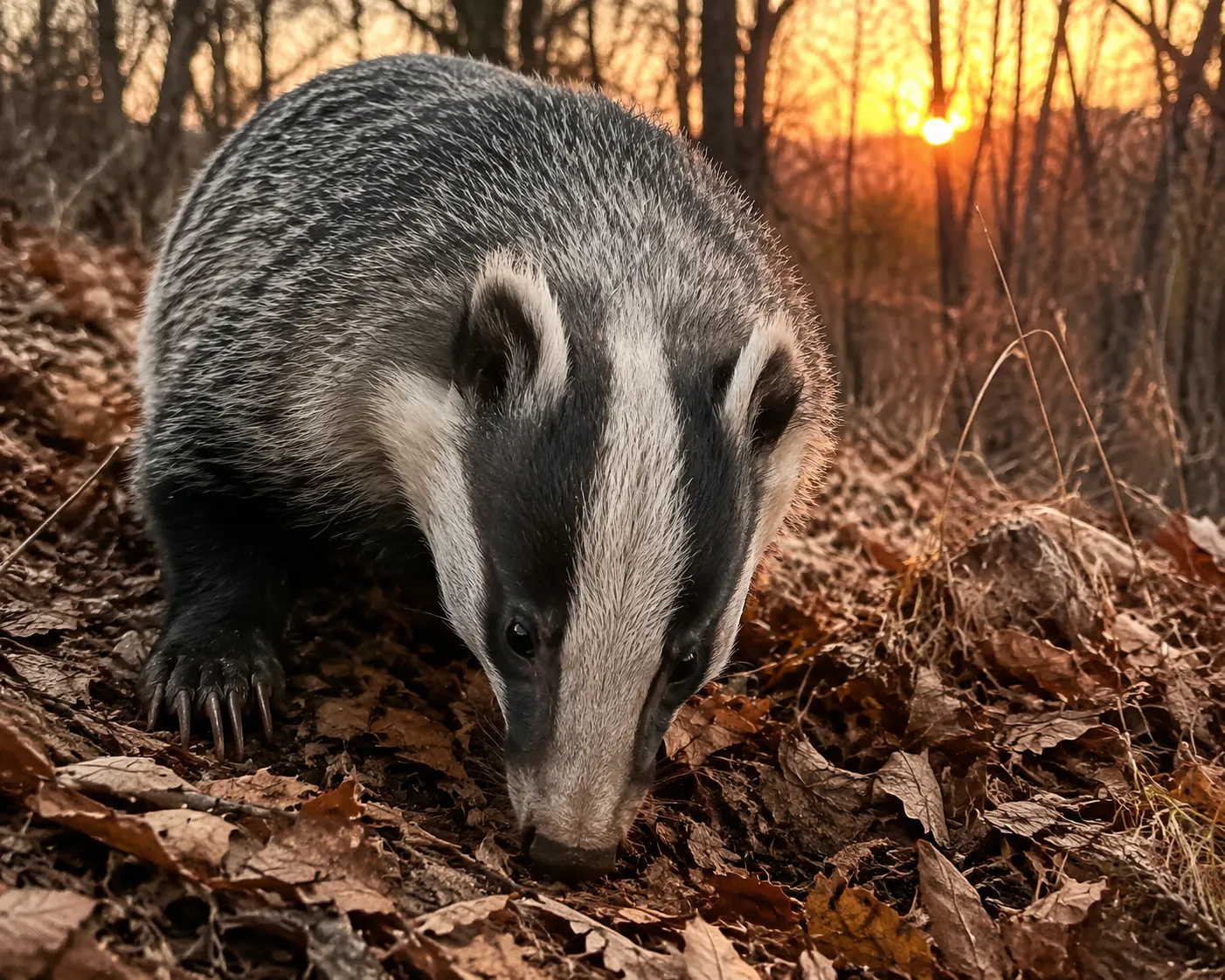 Close-up of a Korean badger sniffing through fallen leaves on a hillside, its gray and black striped face clearly visible