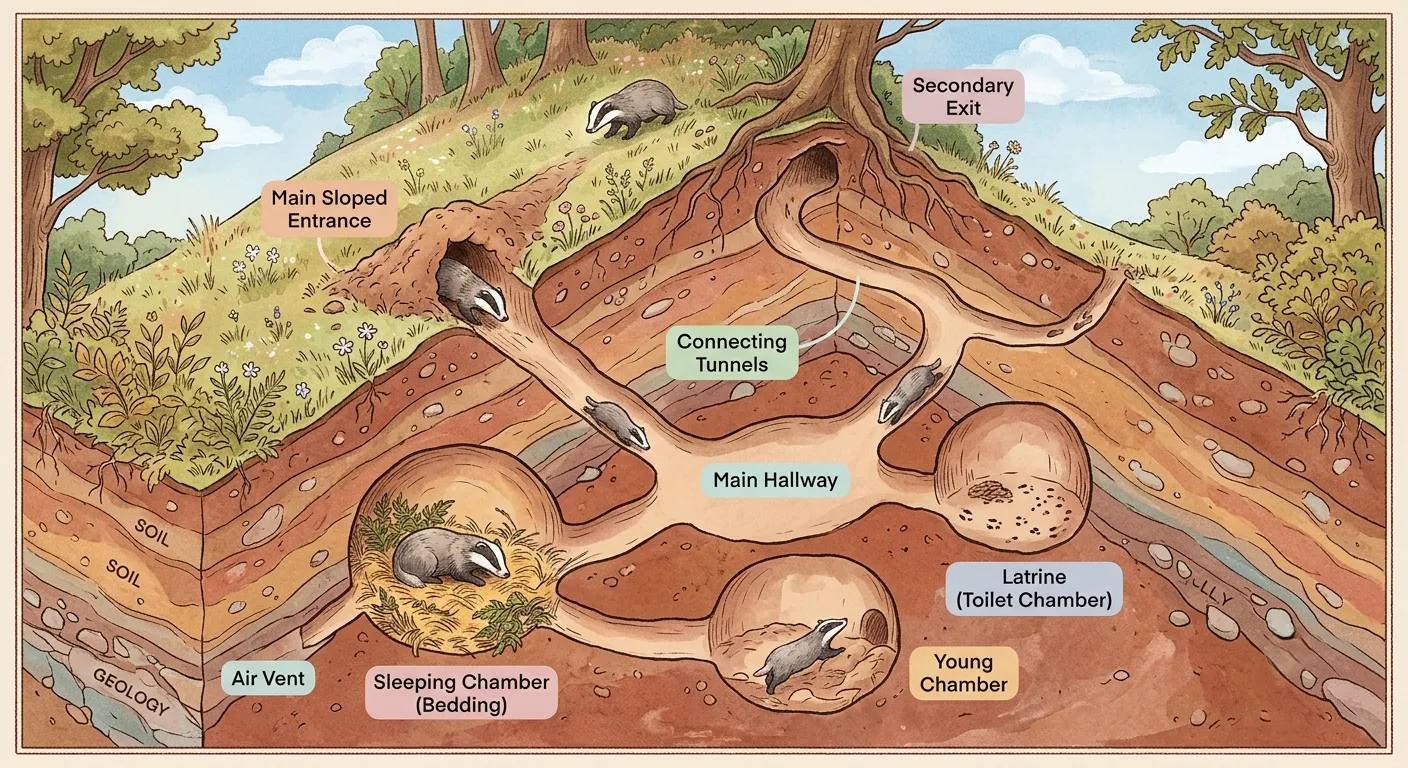 Isometric cutaway illustration of a badger burrow (sett) showing multiple chambers and a secondary exit