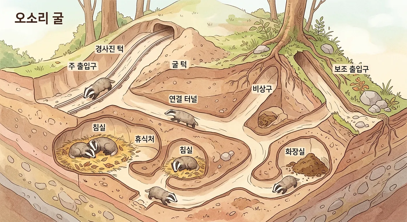 오소리 굴(셋)의 내부 구조를 보여주는 아이소메트릭 단면도 일러스트, 여러 개의 방과 보조 출입구가 표시됨