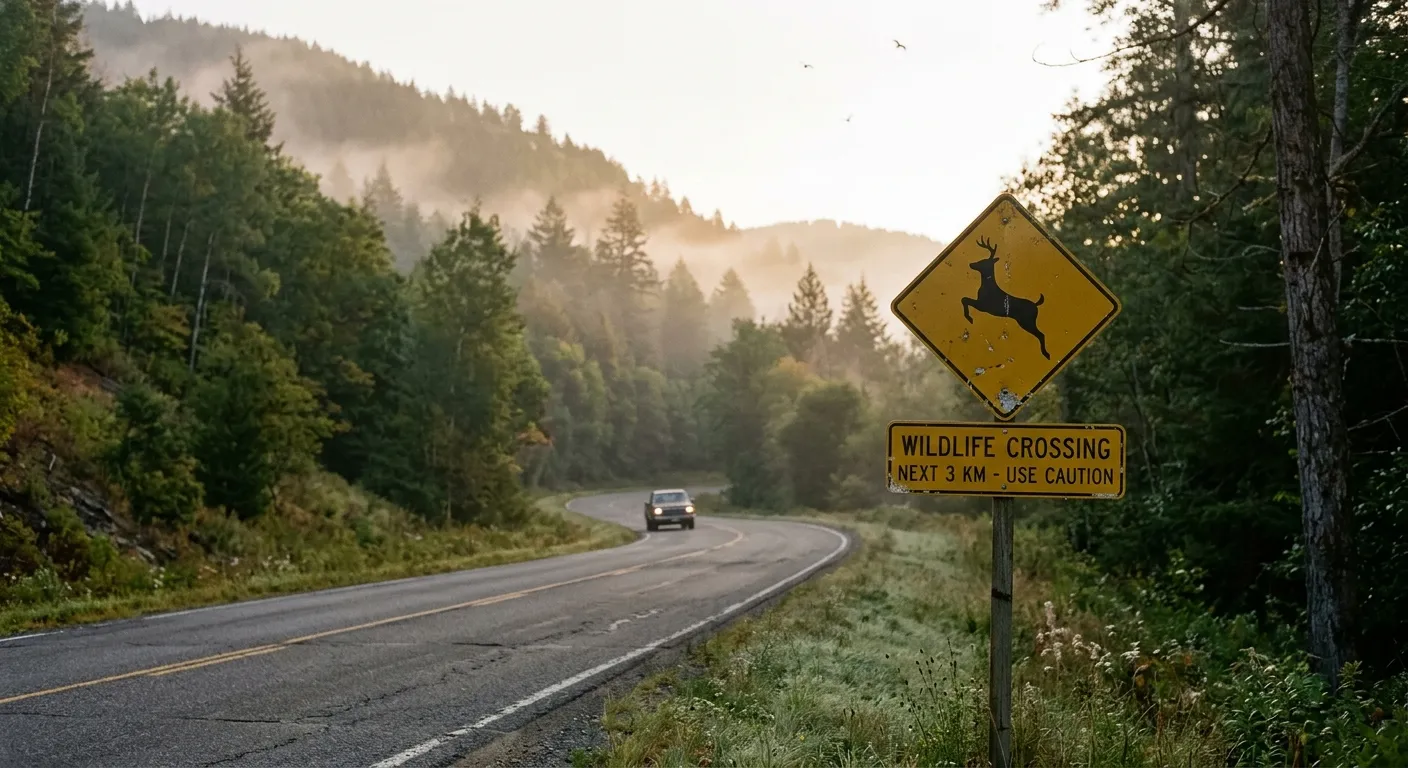 A wildlife-crossing warning sign on a rural road near a hillside in the early morning