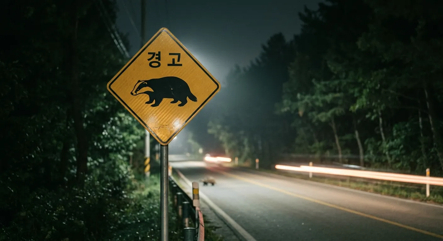 새벽 시간대 야산 인근 도로에 설치된 야생동물 주의 표지판 사진