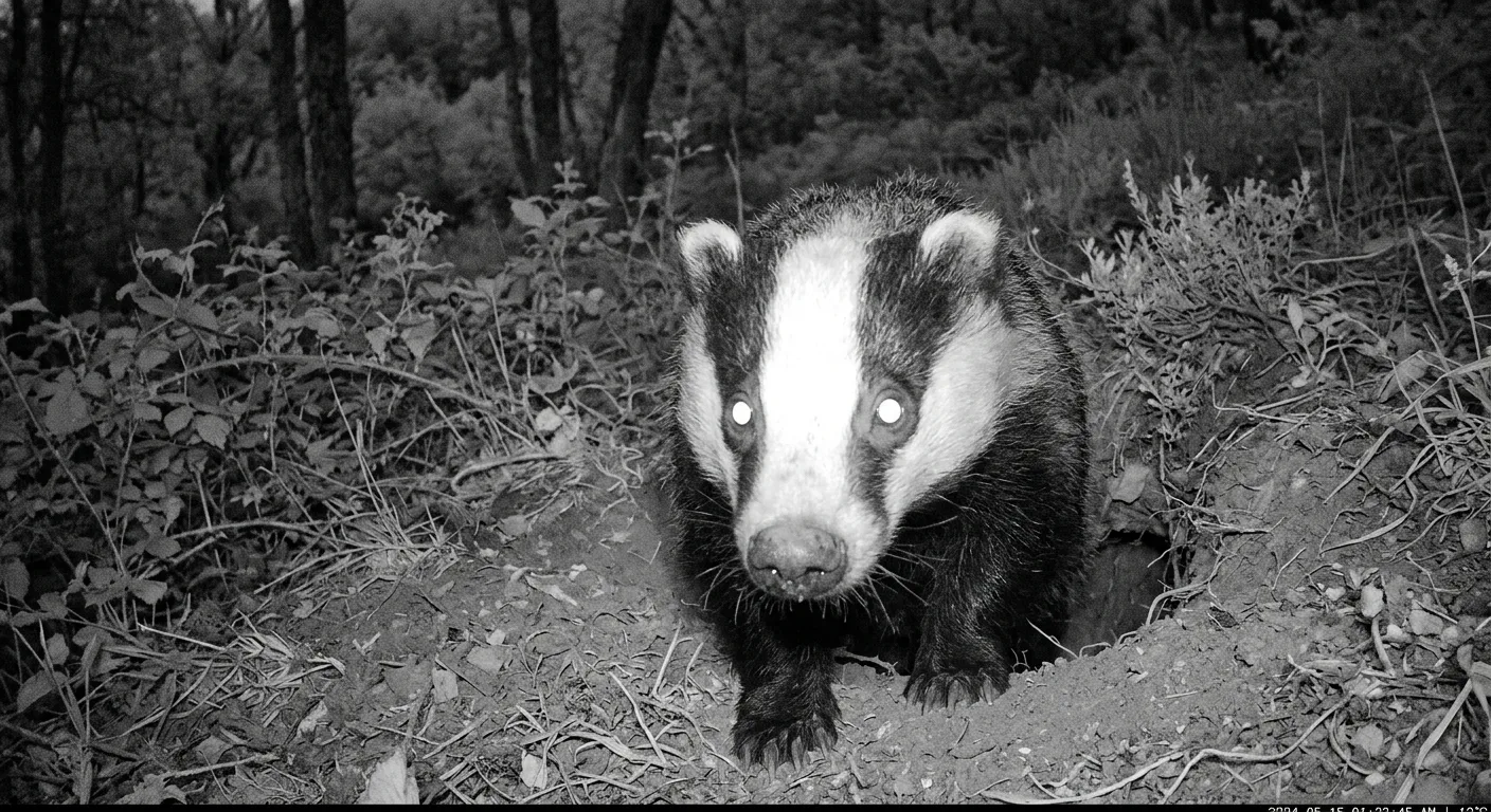 Black-and-white infrared trail-camera photo of a badger sniffing toward the camera at a burrow entrance at night