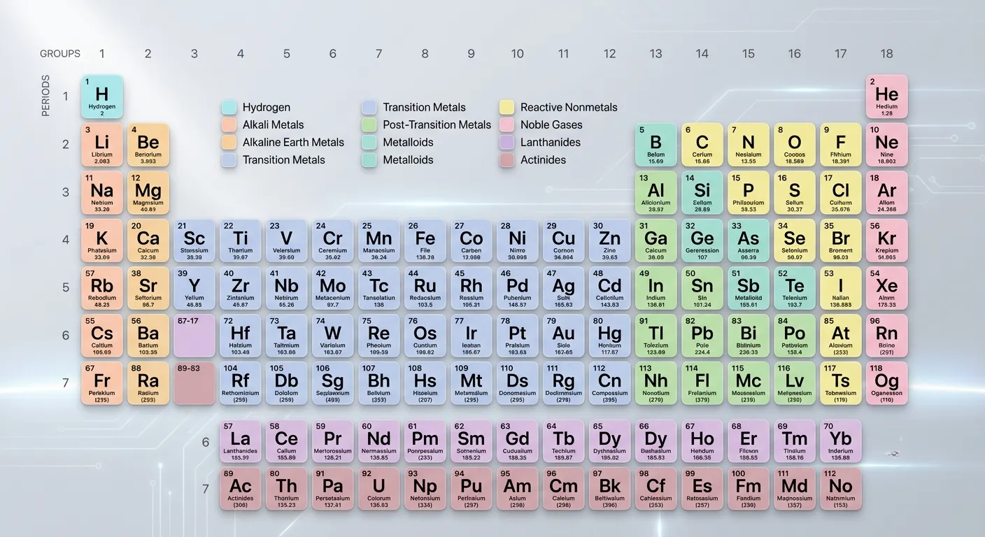 A modern, minimal illustration of the periodic table with pastel colors distinguishing element categories