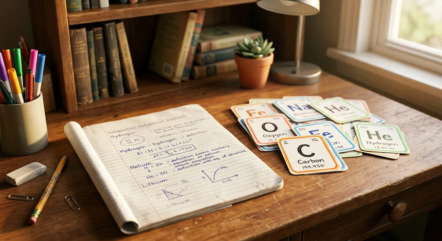 Handwritten element symbol flashcards and a study notebook on a desk