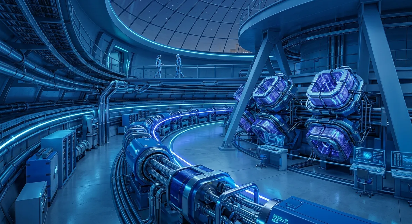 A blue-lit particle accelerator laboratory searching for superheavy elements